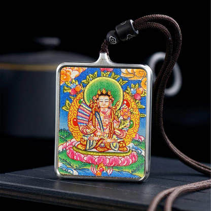 Handpainted Locket Thangka Amulet,Manjusri,Wisdom Buddha - Tibetan thangka painting, detailed view