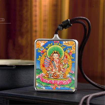 Handpainted Locket Thangka Amulet,Manjusri,Wisdom Buddha - Tibetan thangka painting, close-up detail