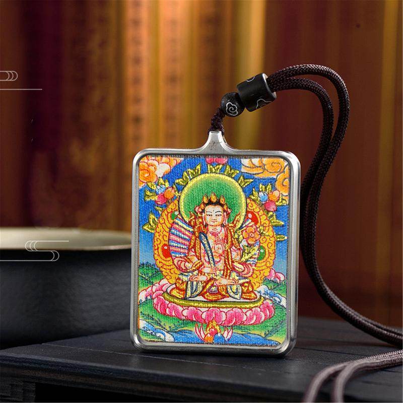 Handpainted Locket Thangka Amulet,Manjusri,Wisdom Buddha - Tibetan thangka painting, close-up detail