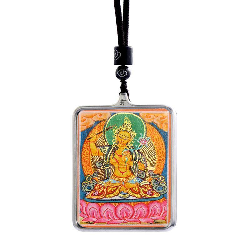 Handpainted Locket Thangka Amulet,Manjusri,Wisdom Buddha - Tibetan thangka painting, view 5