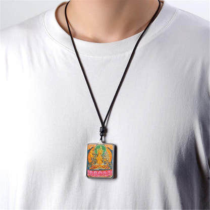 Handpainted Locket Thangka Amulet,Manjusri,Wisdom Buddha - Tibetan thangka painting, view 4