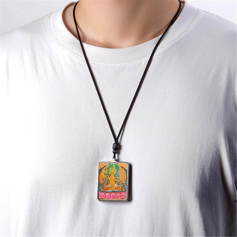 Handpainted Locket Thangka Amulet,Manjusri,Wisdom Buddha - Tibetan thangka painting, view 4