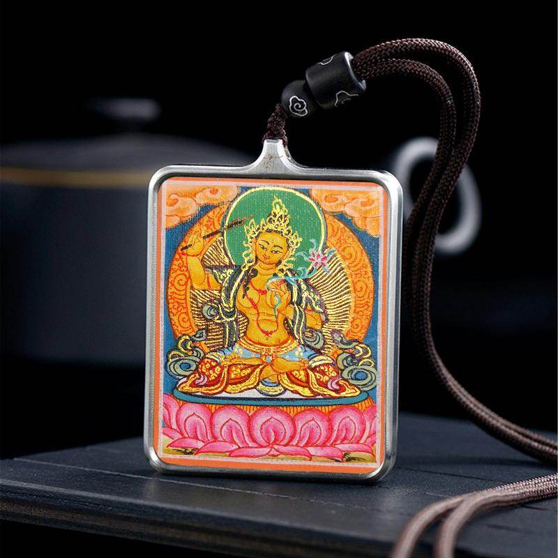 Handpainted Locket Thangka Amulet,Manjusri,Wisdom Buddha - Tibetan thangka painting, detailed view