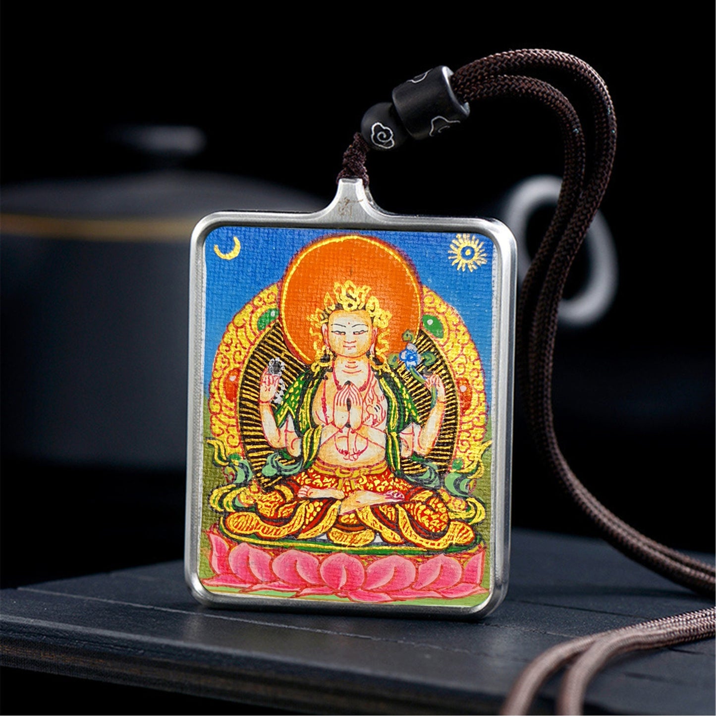 Gandhanra Handpainted Locket Thangka Amulet,Chenrezig,Avalokitesvara,Padmapani,Packed in Gau Shrine Box