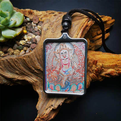 Handpainted Locket Thangka Amulet,White Jambhala,Buddha of Wealth - Tibetan thangka painting, front view
