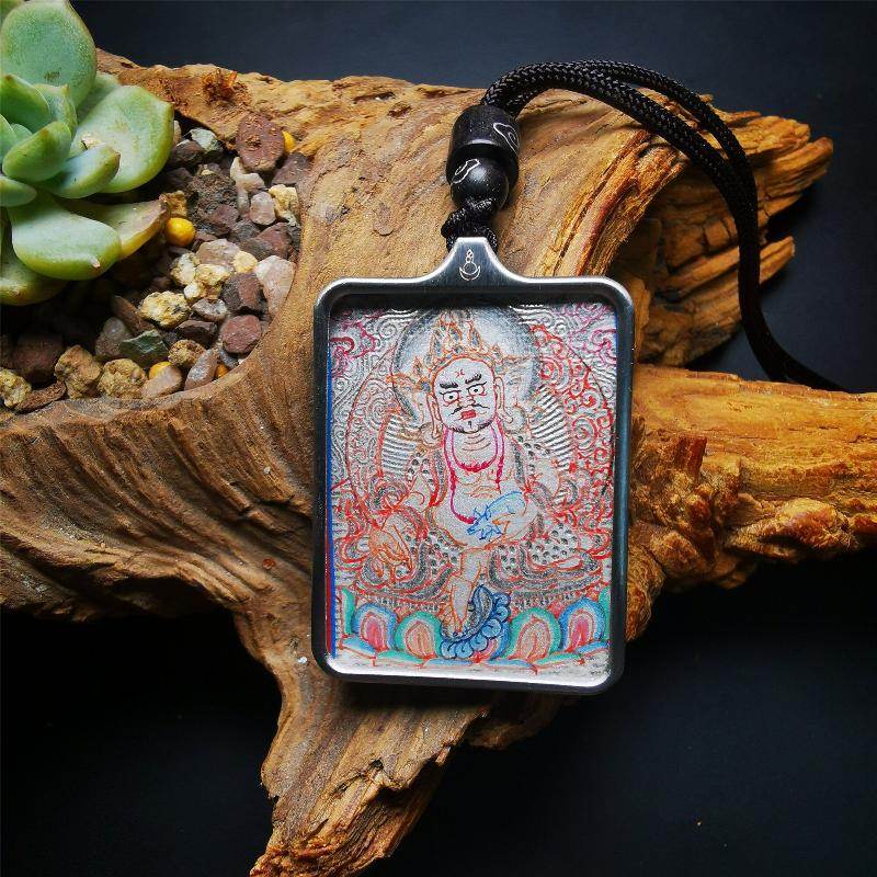 Handpainted Locket Thangka Amulet,White Jambhala,Buddha of Wealth - Tibetan thangka painting, front view