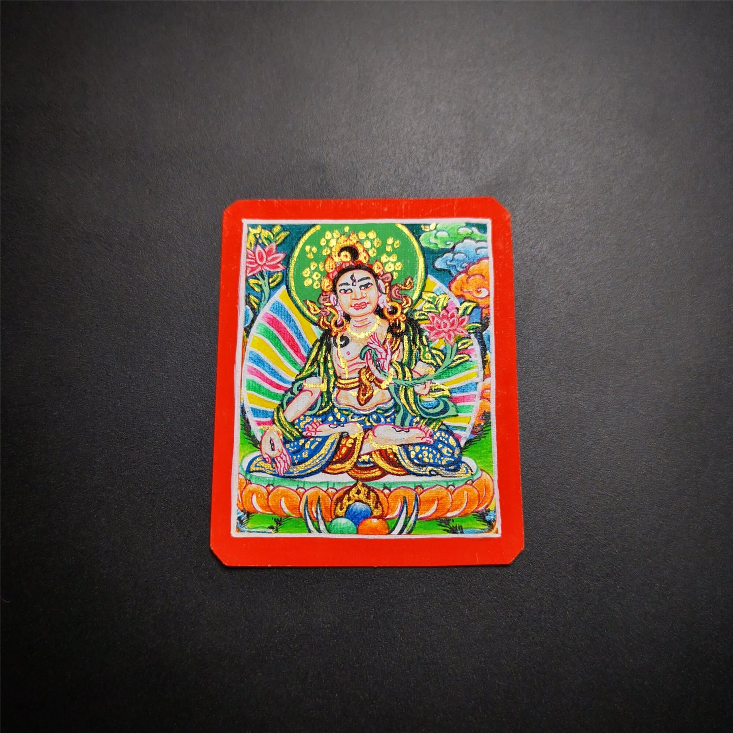 Gandhanra Handpainted Locket Thangka Amulet,White Tara,Arya Tara,Buddha of Wealth,Packed in Gau Shrine Box