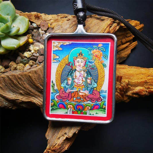 Handpainted Locket Thangka Amulet,White Tara,Arya Tara,Buddha of Wealth - Tibetan thangka painting, front view