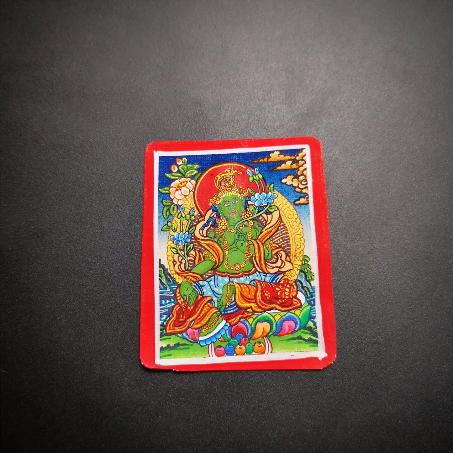 Gandhanra Handpainted Locket Thangka Amulet,Green Tara,Jetsun Dolma,Buddha of Wealth,Packed in Gau Shrine Box
