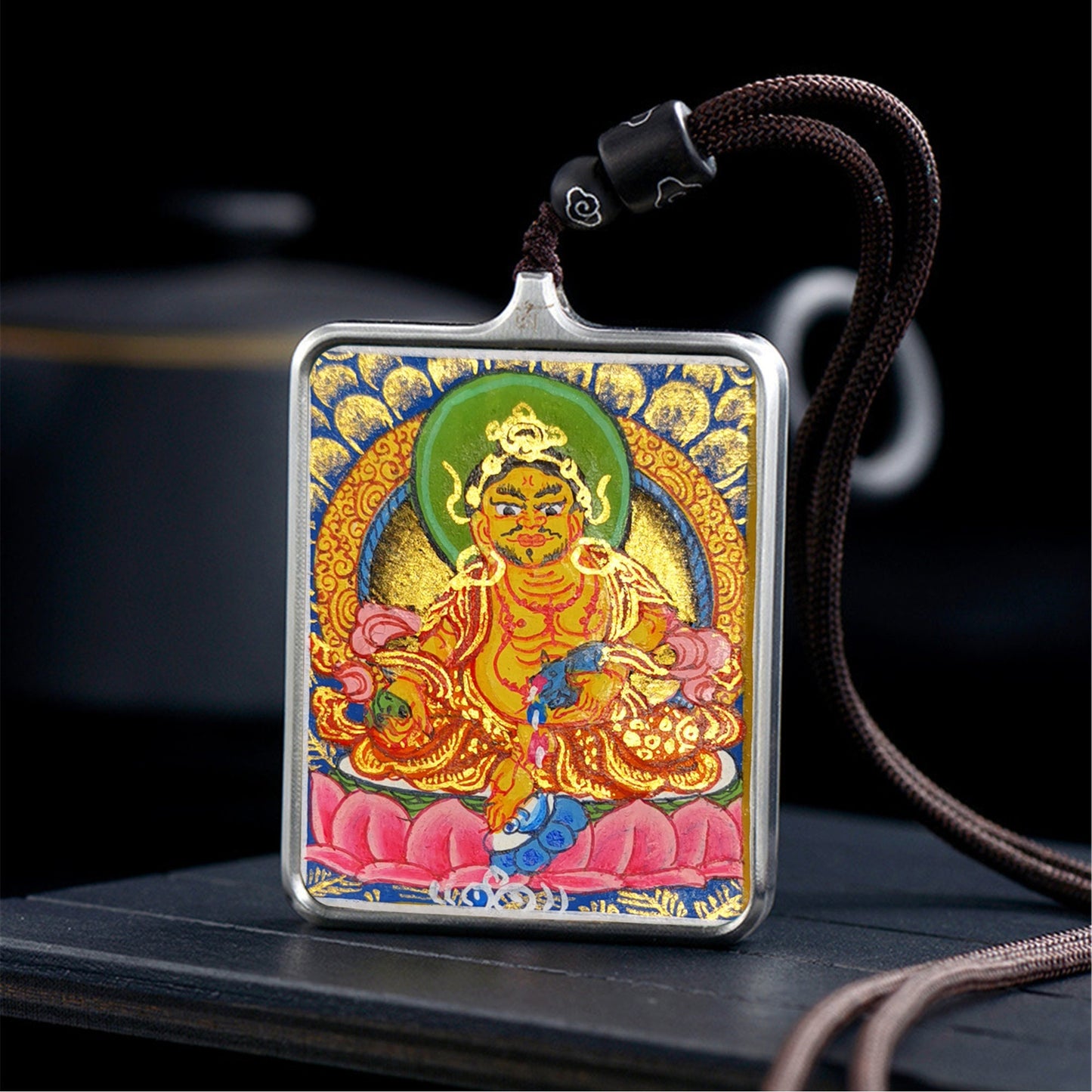 Gandhanra Handpainted Locket Thangka Amulet,Yellow Jambhala,Dzambhala,Vaisravana,Buddha of Wealth,Packed in Gau Shrine Box