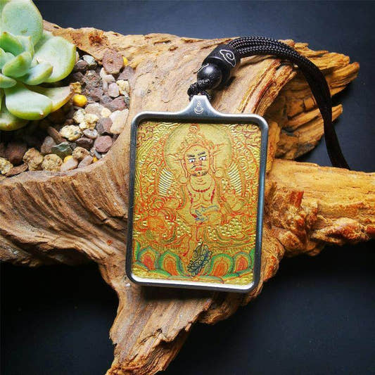 Handpainted Locket Thangka Amulet,Yellow Jambhala,Dzambhala,Vaisravana,Buddha of - Tibetan thangka painting, front view