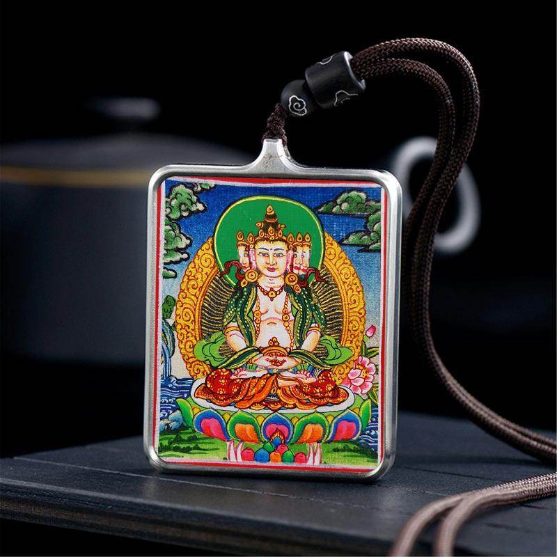 Handpainted Locket Thangka Amulet,Vairocana,Cosmic Buddha - Tibetan thangka painting, detailed view