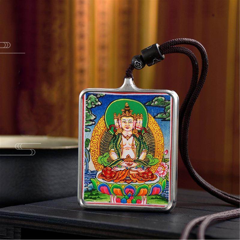 Handpainted Locket Thangka Amulet,Vairocana,Cosmic Buddha - Tibetan thangka painting, close-up detail