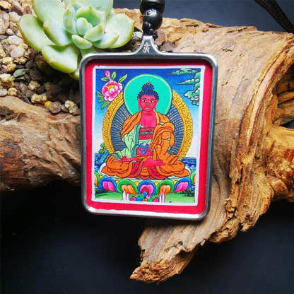 Handpainted Locket Thangka Amulet,Shakyamuni,Gautama Buddha - Tibetan thangka painting, front view