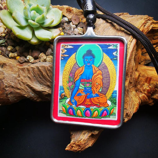 Gandhanra Handpainted Locket Thangka Amulet,Bhaisajyaguru,Medicine Buddha,Packed in Gau Shrine Box