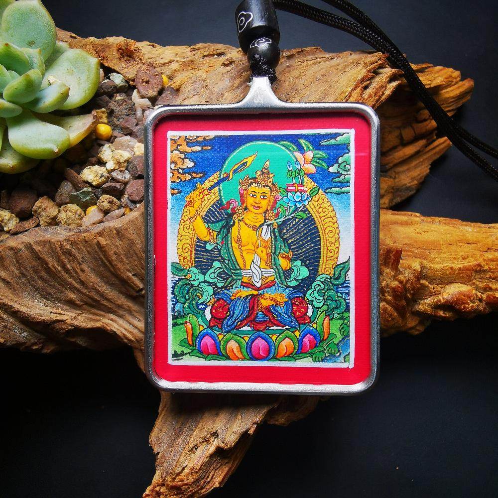 Handpainted Locket Thangka Amulet,Manjusri,Wisdom Buddha - Tibetan thangka painting, front view