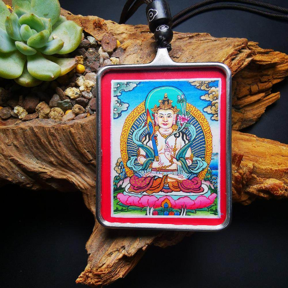 Handpainted Locket Thangka Amulet,Manjusri,Wisdom Buddha - Tibetan thangka painting, front view