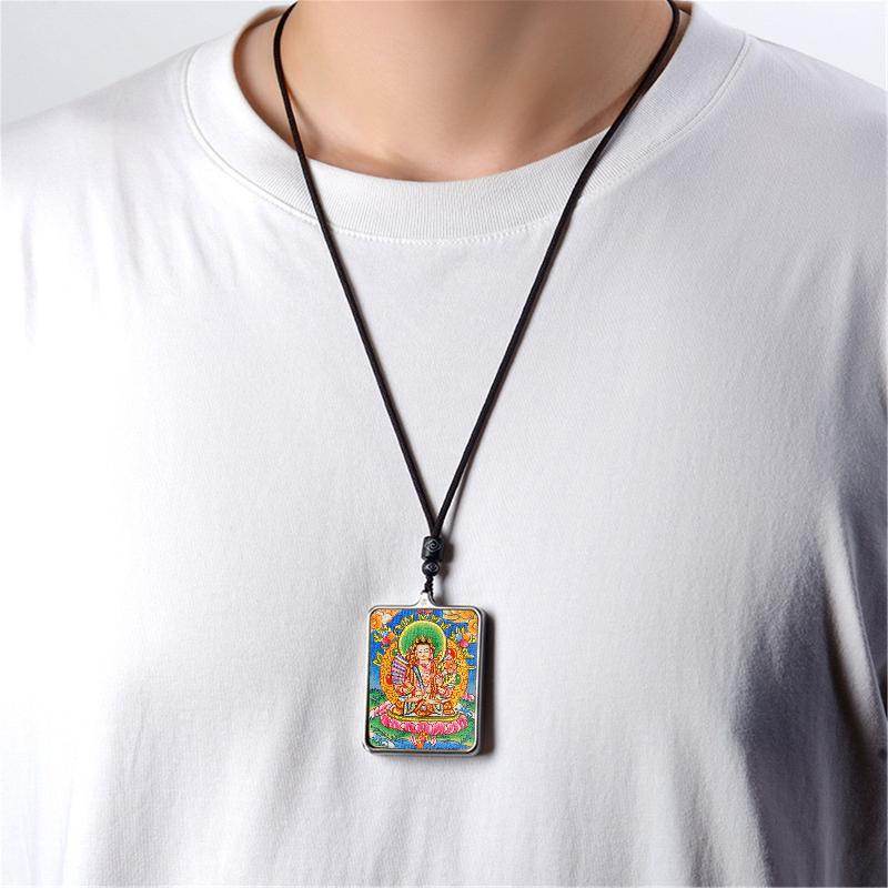 Handpainted Locket Thangka Amulet,Manjusri,Wisdom Buddha - Tibetan thangka painting, view 4