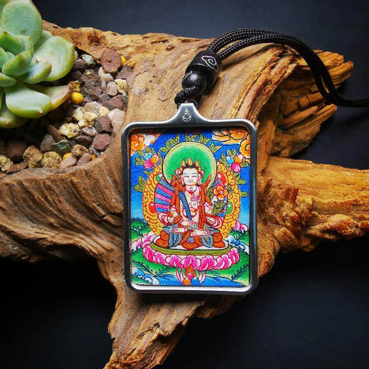 Handpainted Locket Thangka Amulet,Manjusri,Wisdom Buddha - Tibetan thangka painting, front view