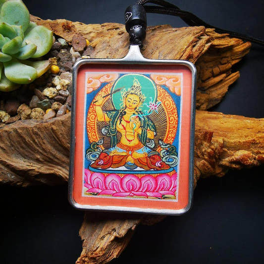 Handpainted Locket Thangka Amulet,Manjusri,Wisdom Buddha - Tibetan thangka painting, front view
