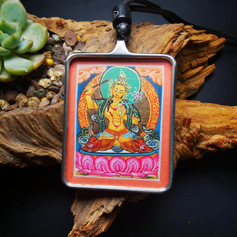 Handpainted Locket Thangka Amulet,Manjusri,Wisdom Buddha - Tibetan thangka painting, front view
