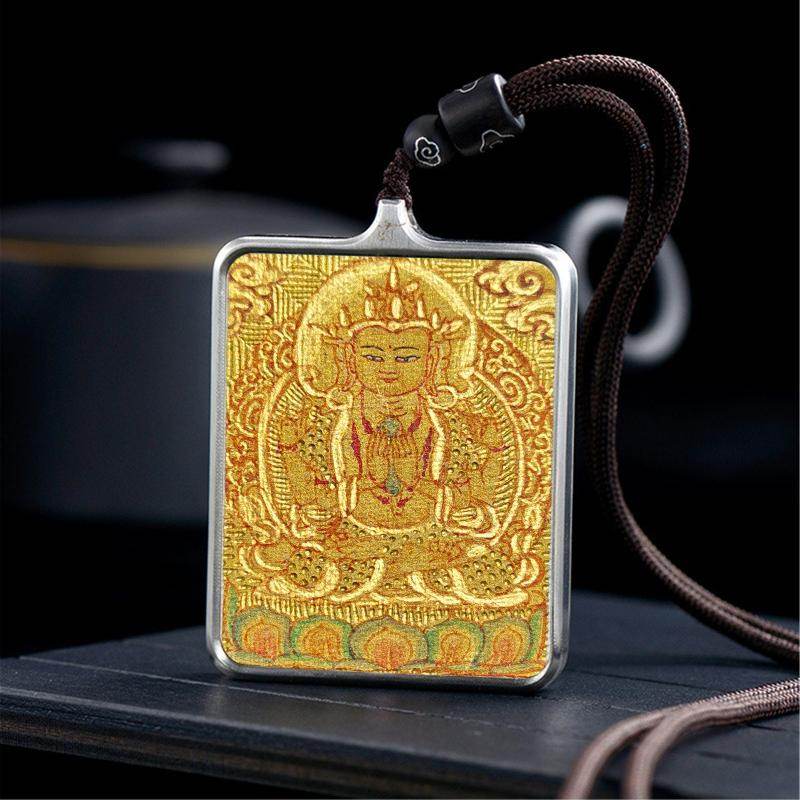 Handpainted Locket Thangka Amulet,Chenrezig,Avalokitesvara,Padmapani - Tibetan thangka painting, detailed view