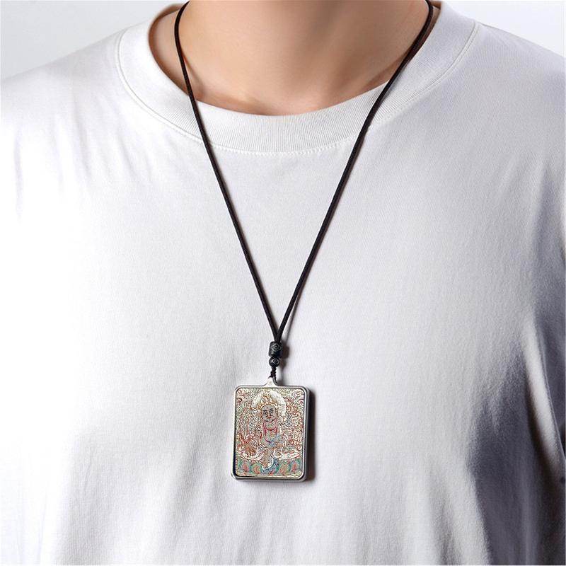 Handpainted Locket Thangka Amulet,White Jambhala,Buddha of Wealth - Tibetan thangka painting, view 4
