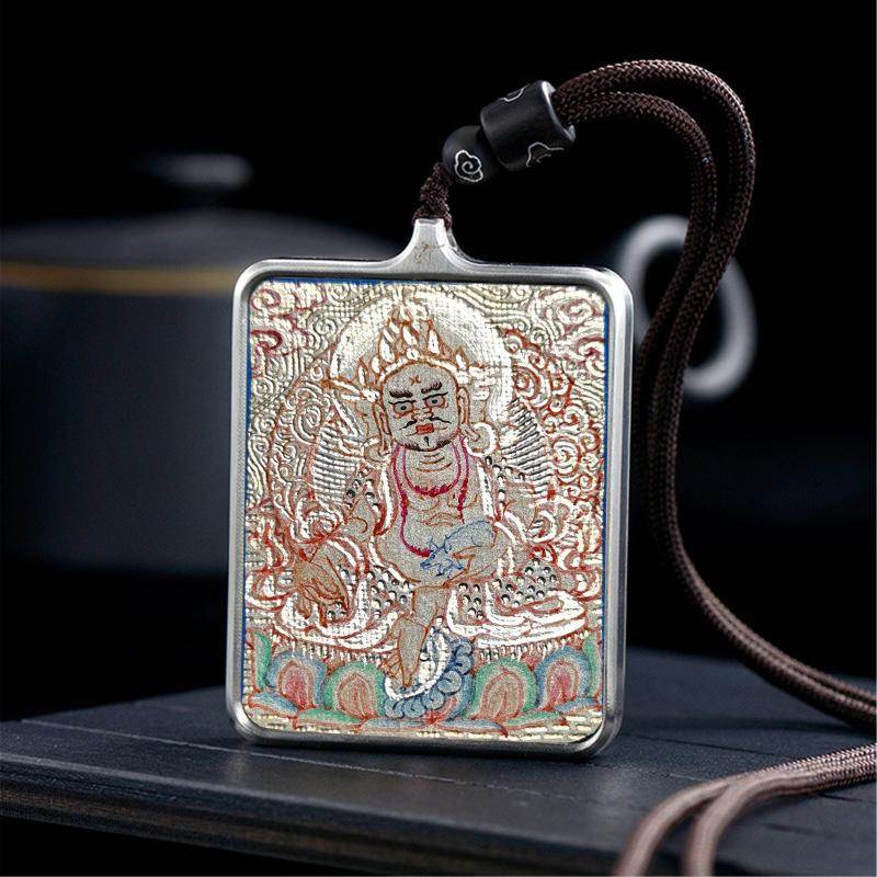 Handpainted Locket Thangka Amulet,White Jambhala,Buddha of Wealth - Tibetan thangka painting, detailed view