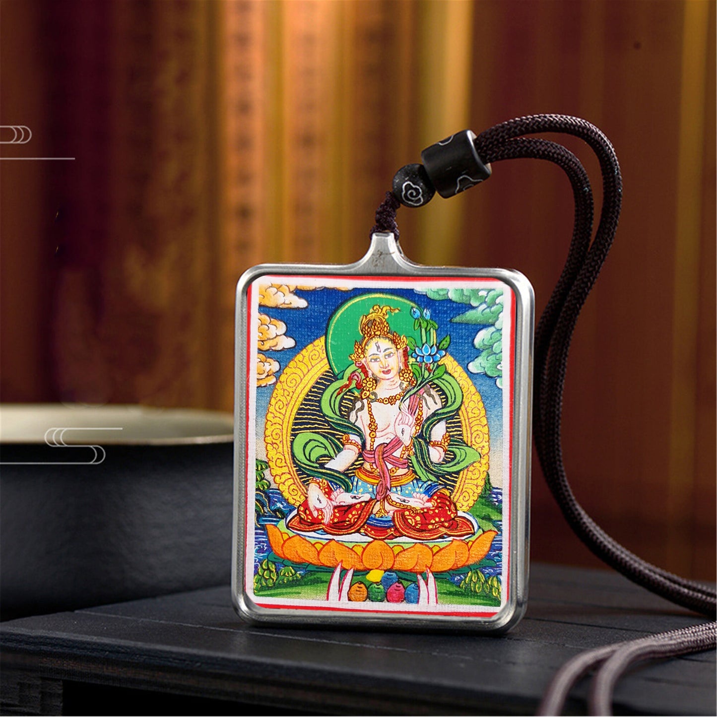 Gandhanra Handpainted Locket Thangka Amulet,White Tara,Arya Tara,Buddha of Wealth,Packed in Gau Shrine Box