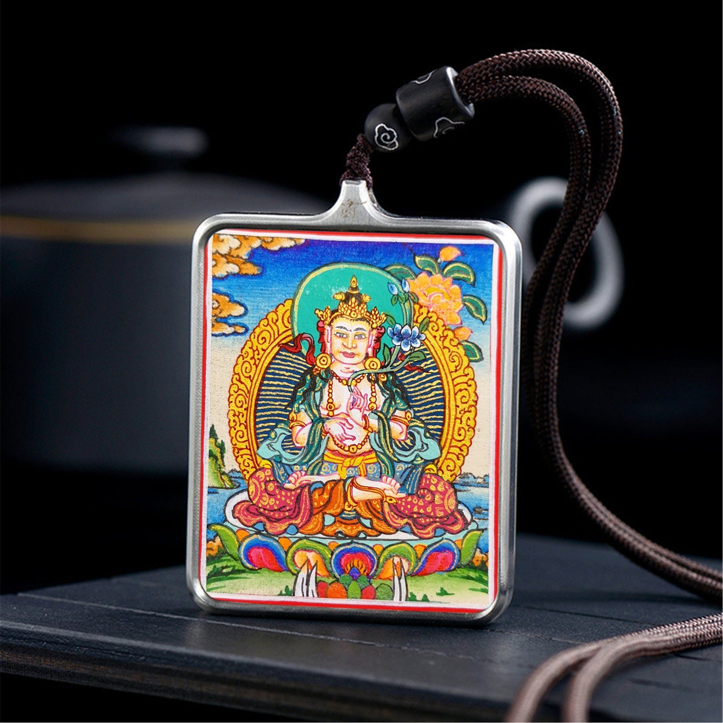 Gandhanra Handpainted Locket Thangka Amulet,White Tara,Arya Tara,Buddha of Wealth,Packed in Gau Shrine Box