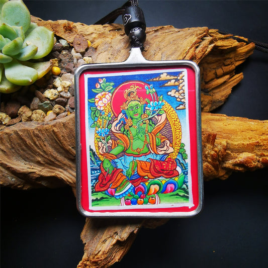 Gandhanra Handpainted Locket Thangka Amulet,Green Tara,Jetsun Dolma,Buddha of Wealth,Packed in Gau Shrine Box