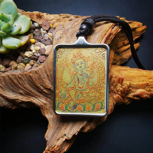 Handpainted Locket Thangka Amulet,Green Tara,Jetsun Dolma,Buddha of Wealth - Tibetan thangka painting, front view