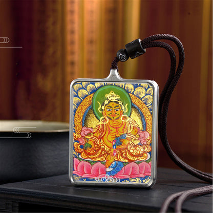 Gandhanra Handpainted Locket Thangka Amulet,Yellow Jambhala,Dzambhala,Vaisravana,Buddha of Wealth,Packed in Gau Shrine Box