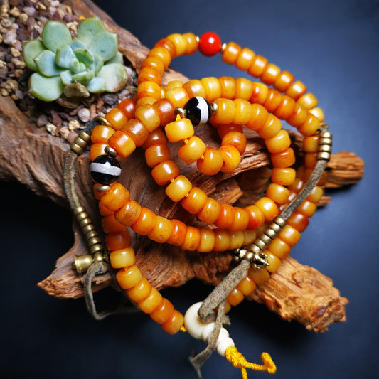 Hand-carved Tibetan Yak Bone Mala Beads Necklace,with Copper Bead Counter,108 Beads for Meditation and Prayer