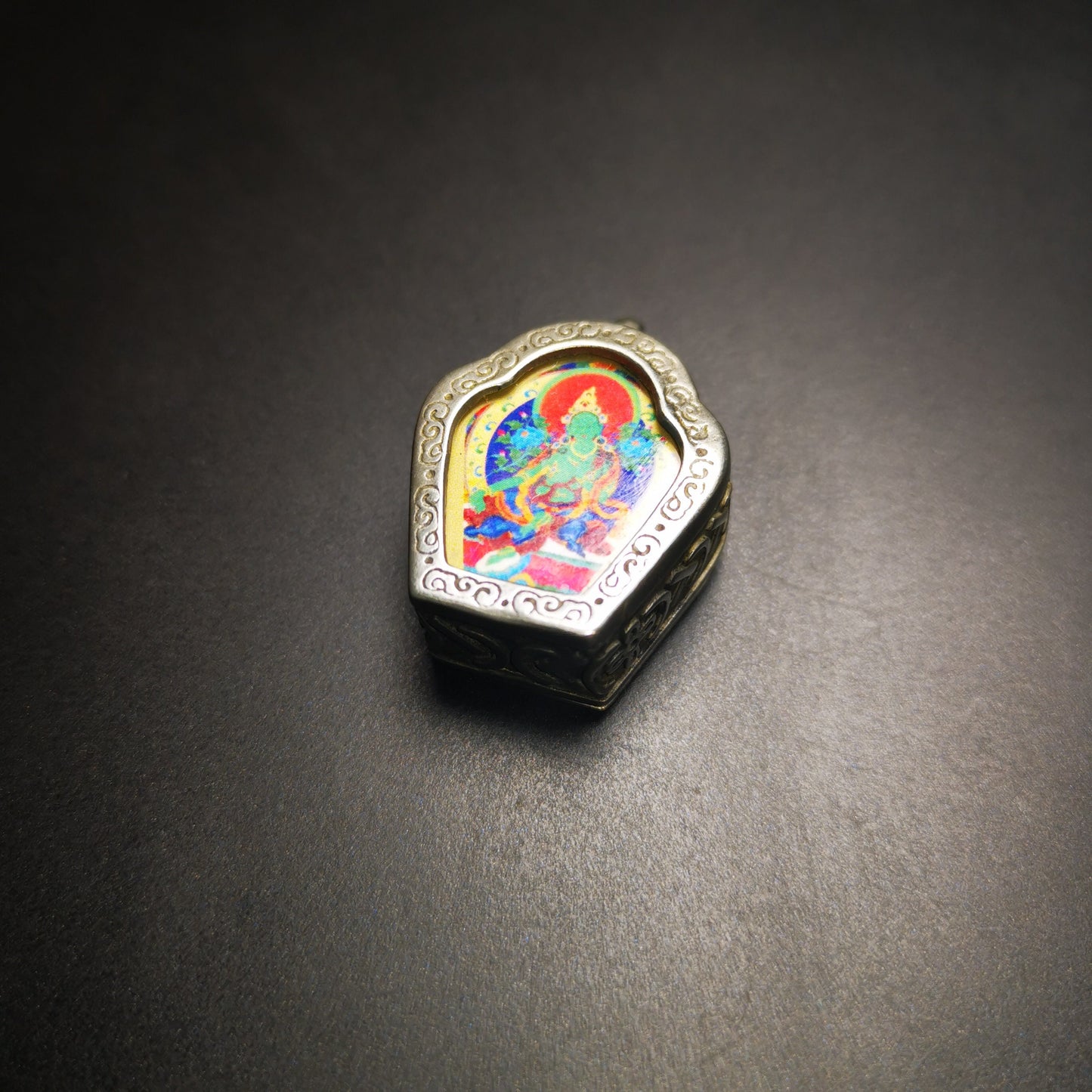 Gandhanra Antique Handmade Gau Ghau Shrine, Mini Tibetan Buddhist Altar Amulet Pendant,Made of White Copper