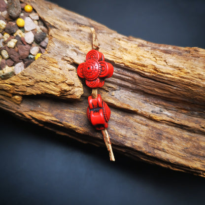 Gandhanra Handmade Antique Tibetan Amulet,Mini Flower Bead Pendant for Mala,Made of Cinnabar