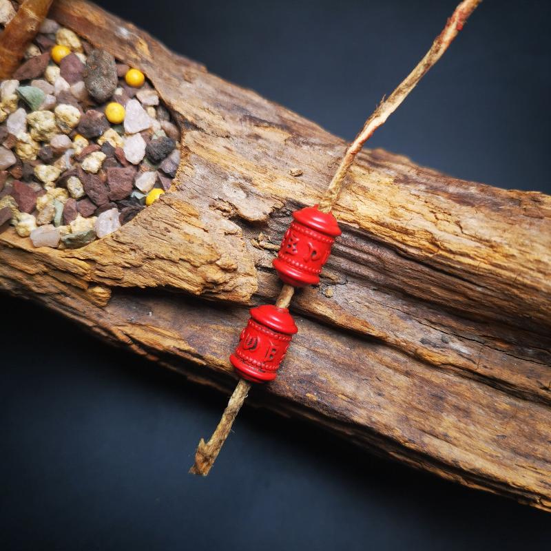 Gandhanra Handmade Antique Tibetan Amulet,Mini Prayer Wheel Bead Pendant for Mala,Made of Cinnabar