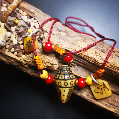 Gandhanra Old Tibetan Yak Bone Carved Necklace,Stupa,Pagoda Pendant,Amulet Necklace