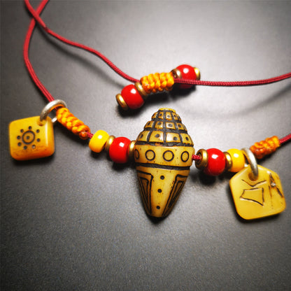 Gandhanra Old Tibetan Yak Bone Carved Necklace,Stupa,Pagoda Pendant,Amulet Necklace