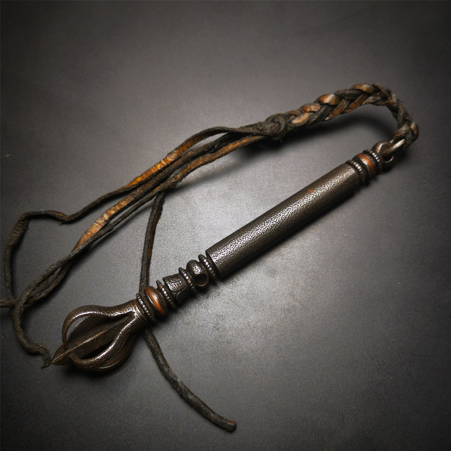 Gandhanra Handmade Tibetan Horse Whip Handle,Made of Cold Iron,Inlaid with Copper
