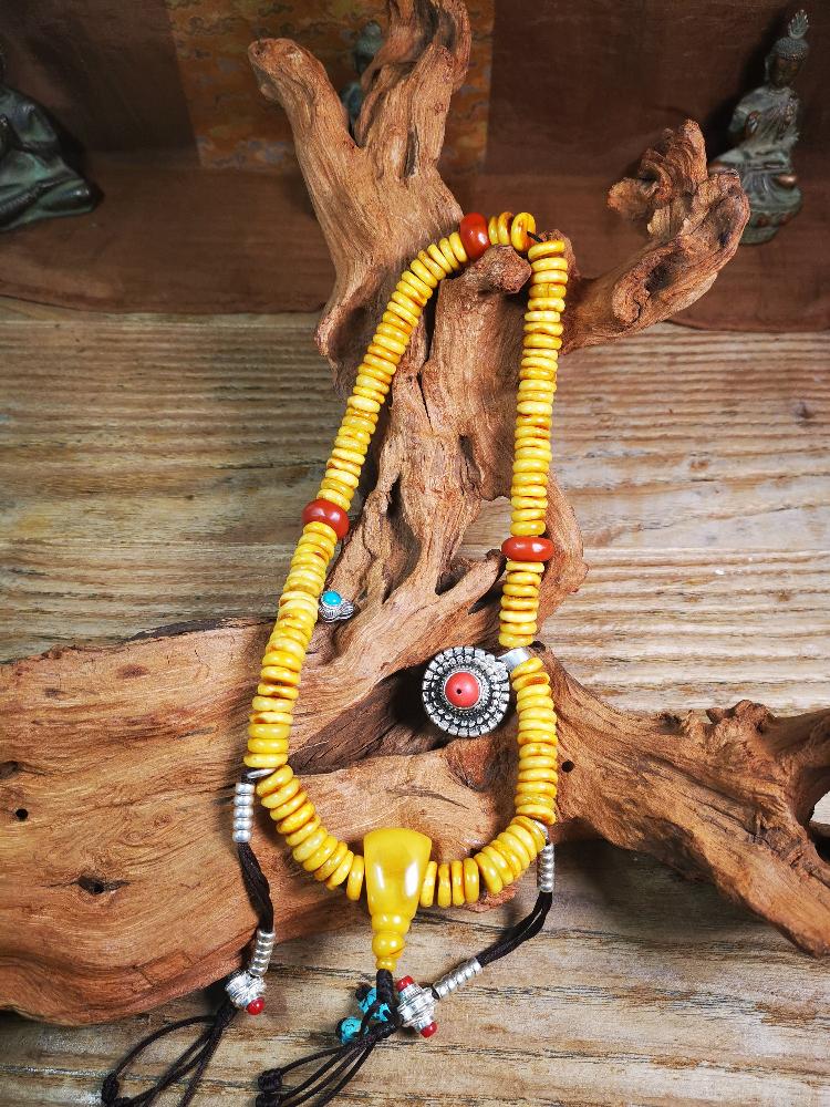 Gandhanra Antique Beeswax Mala,108 Prayer Beads Necklace,with Silver Clips and Counters