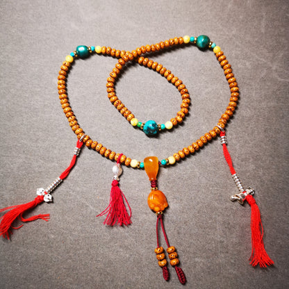 Gandhanra Mini Size Lotus Bead Mala,Assorted Bodhi,Turquoise,Agate,Beeswax,Prayer Beads Bracelet for Women