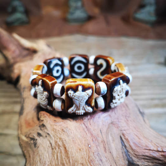 Ashtamangala Dzi Bracelet - Tibetan Buddhist mala beads, front view